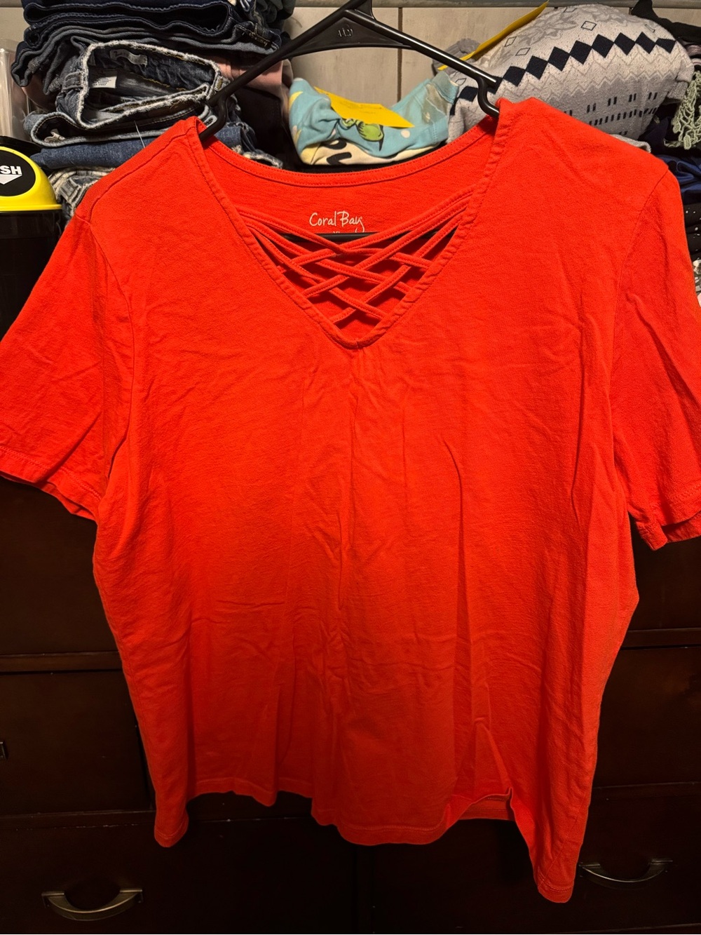 Coral Bay Bright Red Crisscross V-Neck Short Sleeve Tee